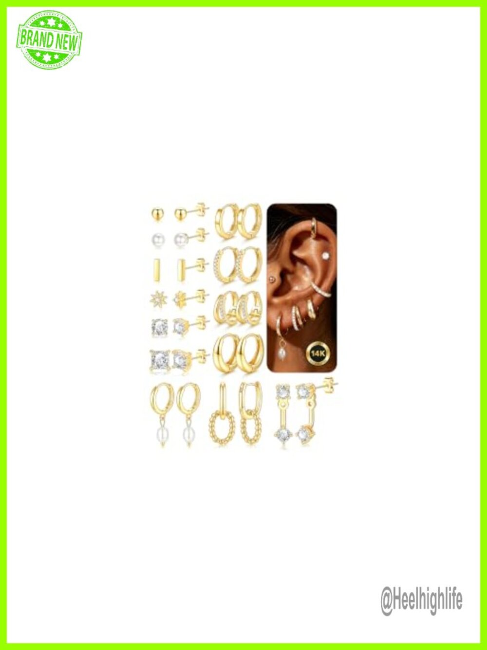 14K Gold Plated Earrings Set 13 Pairs Hypoallergenic Stackable Studs Hoops